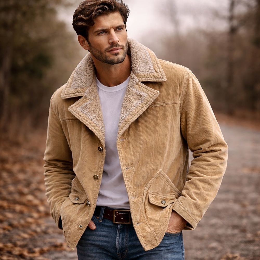 Grais Vintage Men's Corduroy Jacket Sherpa Lined Ranch Sand Beige Heavyweight L